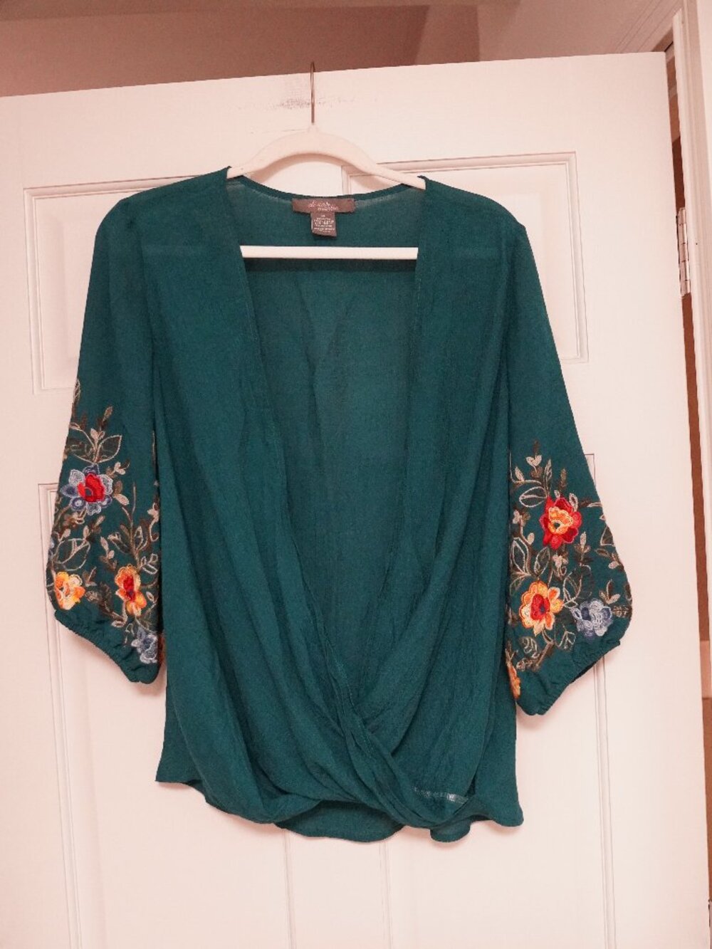 Olivia & Martin Boho Teal Floral Embroidered Peasant Blouse XL